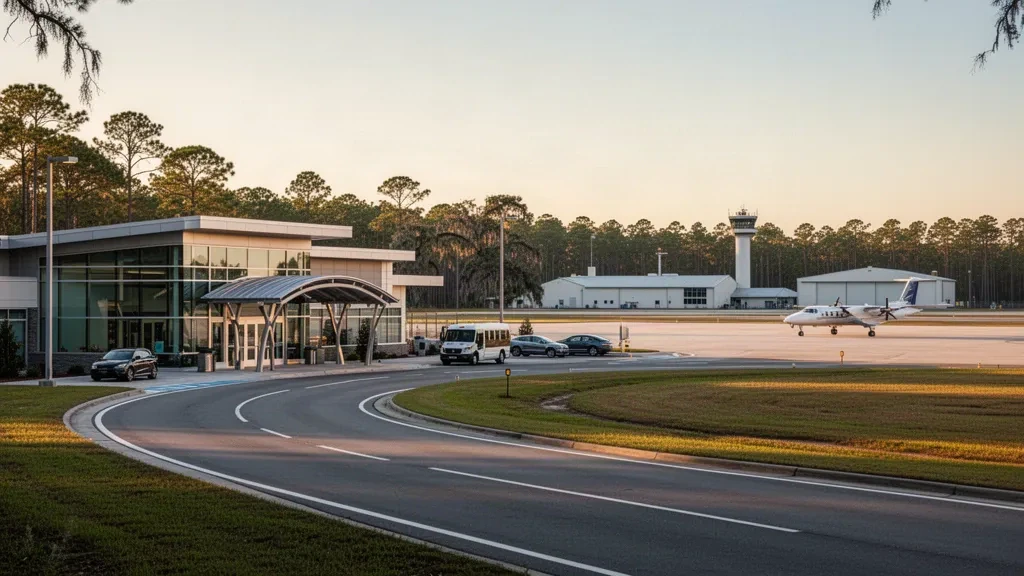 Modern terminal entrance, drop-off lane and apron at MidCoast Regional Airport at Wright Army Airfield in Georgia at golden hour