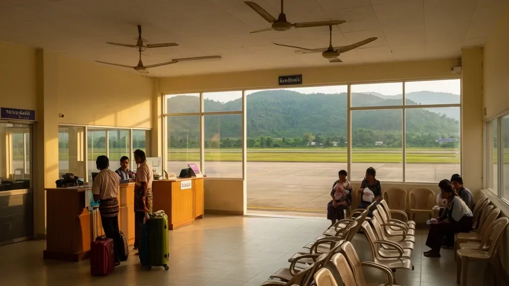 Interno del terminal dell'Aeroporto di Loikaw in Myanmar con passeggeri al check-in, file di posti a sedere e colline verdi visibili attraverso le finestre.
