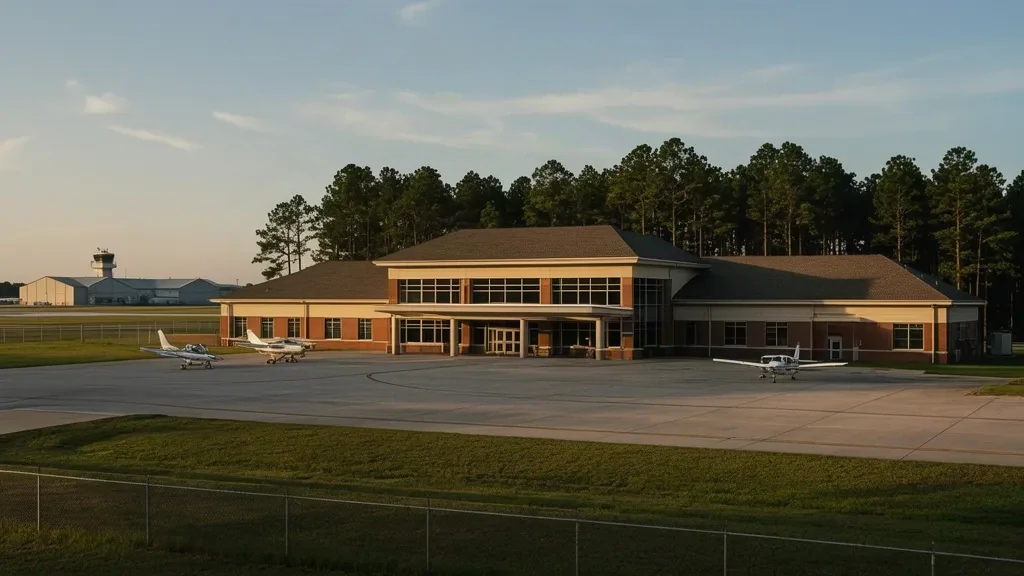 Small single-story terminal building and aircraft apron at MidCoast Regional Airport at Wright Army Airfield in Georgia