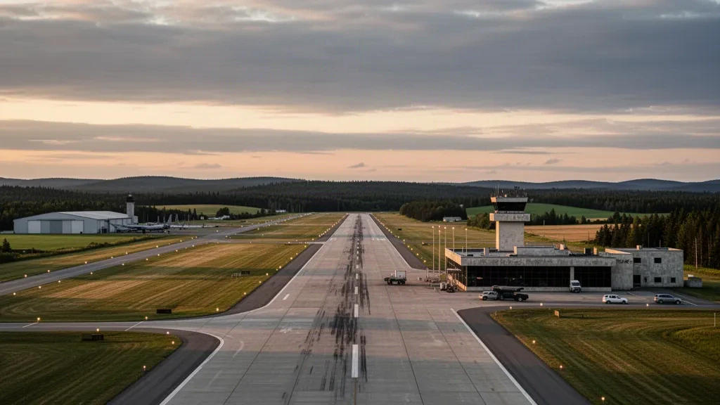 Golden-hour view of Loring International Airport in Limestone, Maine, with its long runway, low terminal and hangars against northern forest.