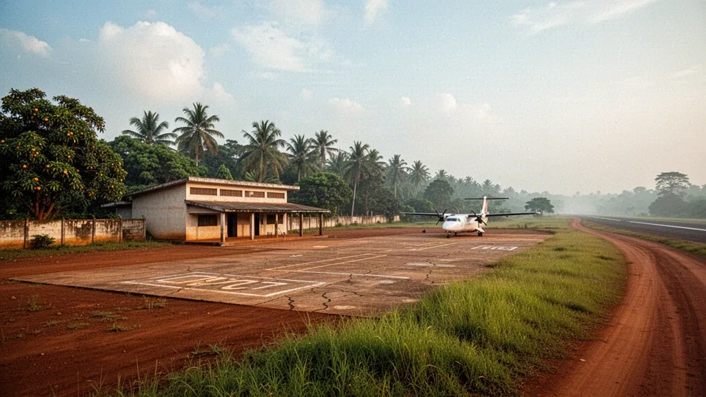 Escena de aeródromo tropical con una terminal de poca altura, plataforma de tierra roja y un pequeño turbohélice en el aeropuerto de Lodja, en Sankuru, RD Congo