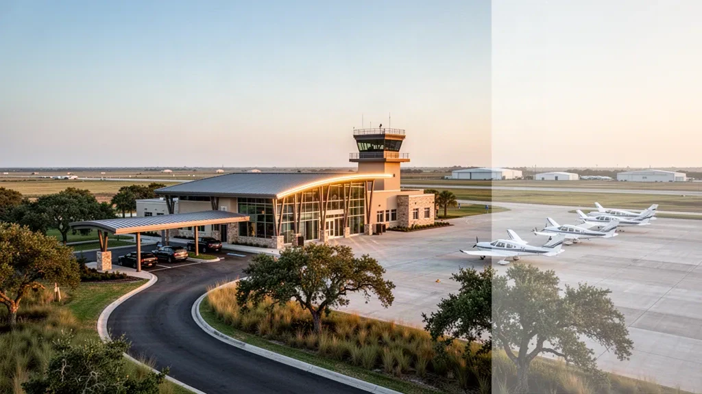 Low-slung glass terminal, apron and light aircraft at Texas Gulf Coast Regional Airport near Angleton in warm golden-hour light