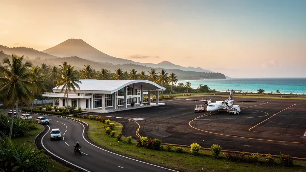 Terminal tropical de una sola planta y plataforma soleada en el aeropuerto Gewayentana, cerca de Larantuka, Flores, con colinas volcánicas y el mar como fondo.