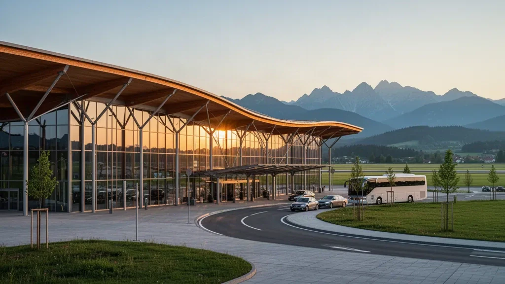 Exterior de la terminal del aeropuerto de Liubliana Jože Pučnik con tejado de madera curvado, fachada de cristal y colinas alpinas al fondo bajo la luz dorada del atardecer