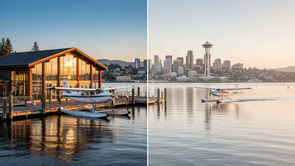 Seaplanes docked at Kenmore Air Harbor Seaplane Base on Lake Union with Seattle skyline at golden hour