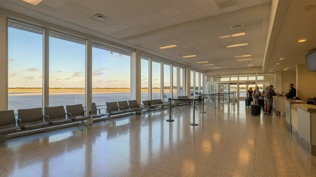 Bright interior of Lakeland Linder International Airport terminal in Florida with seating, check-in area and apron views