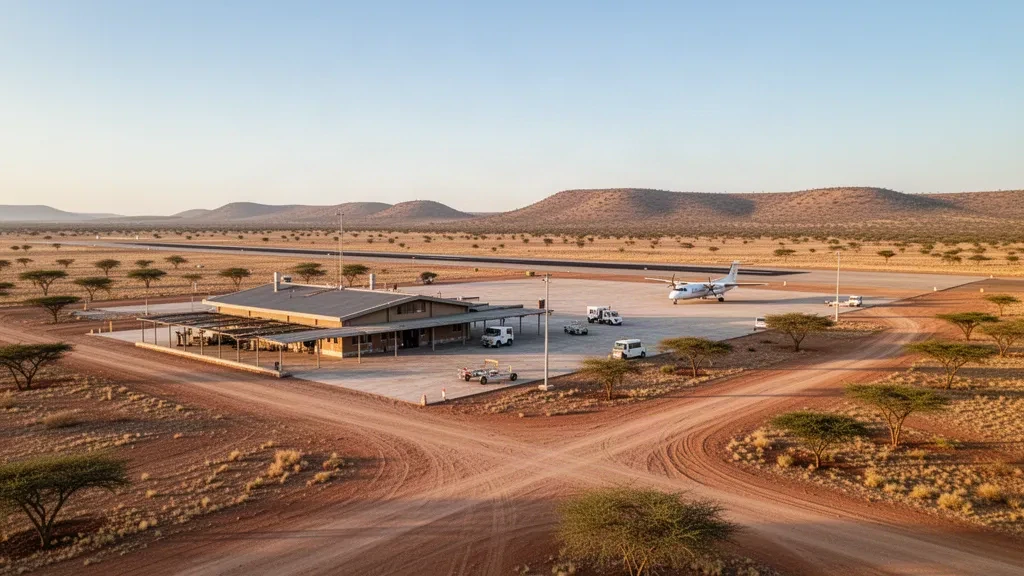 Vista amplia de la terminal y la pista del aeropuerto de Lokichogio, en el norte de Kenia, bajo la cálida luz del atardecer