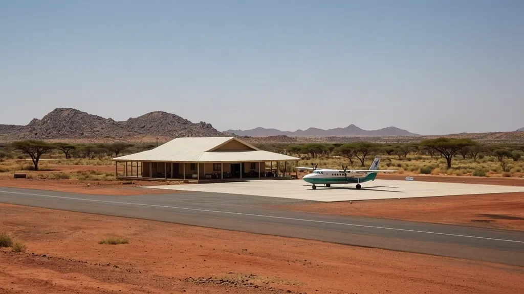 Pequeño edificio terminal remoto y plataforma junto a la pista del aeropuerto de Lokichogio, en el árido paisaje de Turkana, al norte de Kenia