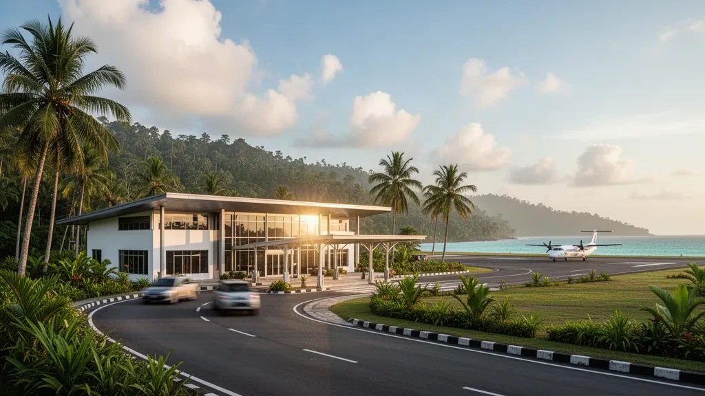 Kleines tropisches Terminal am Flughafen Lasikin auf der Insel Simeulue, Aceh, mit Palmen, einer Küstenlandebahn und warmem Nachmittagslicht.