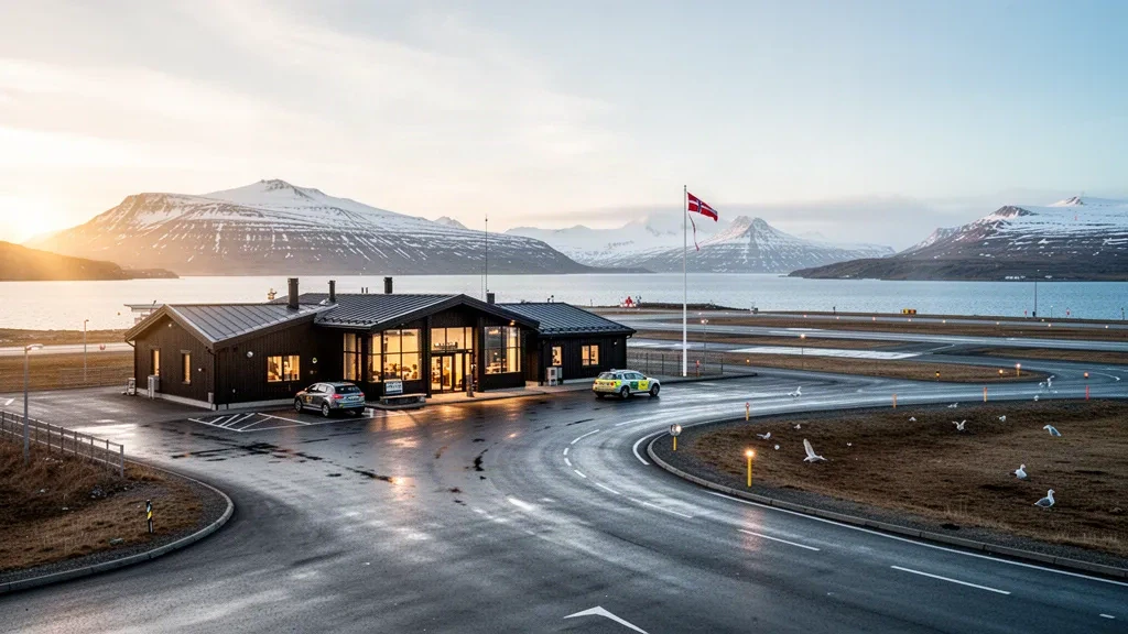 Lakselv Airport terminal and forecourt in Finnmark, Norway, with Arctic fjord and mountains at golden hour on a clear day.