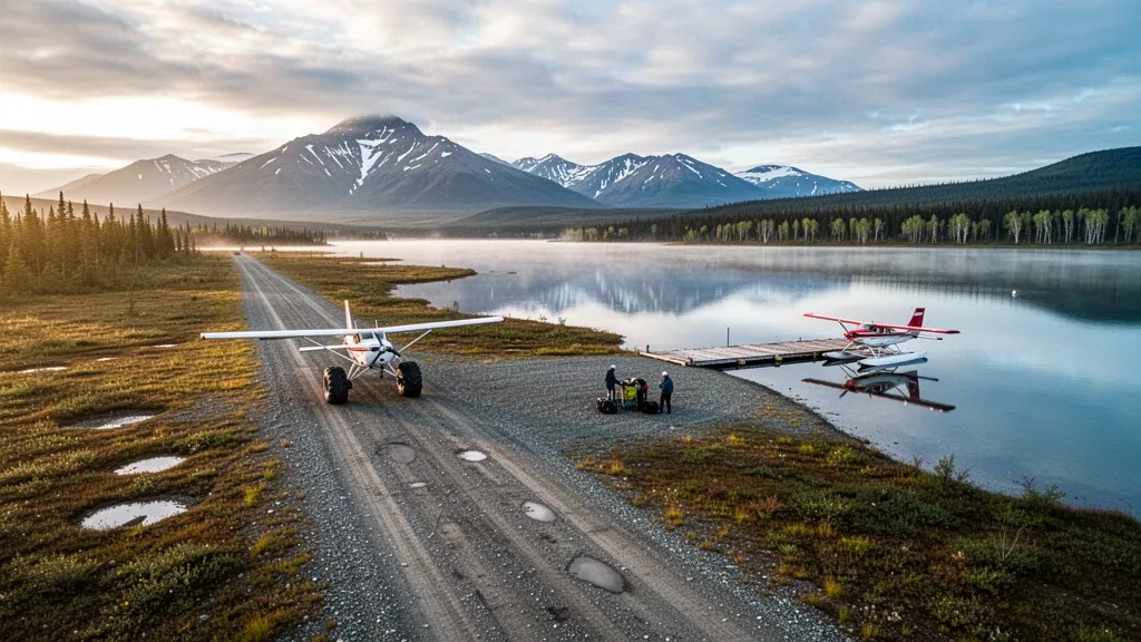 Pista remota de grava y muelle para hidroaviones en el aeropuerto de Kulik Lake, en Alaska, rodeados de tundra, agua y montañas al amanecer
