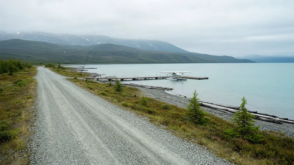 Piste en gravier et rivage de pleine nature à l'aéroport de Kulik Lake, dans une région isolée de l'Alaska