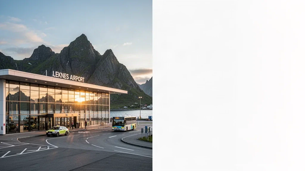 Una moderna terminal de cristal en el Aeropuerto de Leknes, en las islas Lofoten, Noruega, con montañas y mar al fondo durante la hora dorada.