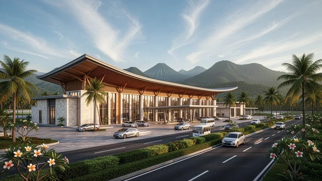 Kuzey Sulawesi'deki Bolaang Mongondow Havalimanı'nda altın saatte tropikal tepelerle çevrili modern kavisli çatılı terminal ve yolcu indirme şeritleri.