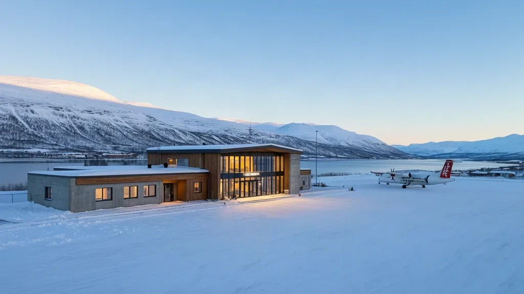 Norveç'in karlı Finnmark bölgesindeki Lakselv Havalimanı, Banak terminalinin dış görünümü; dağlar ve kış ışığıyla.