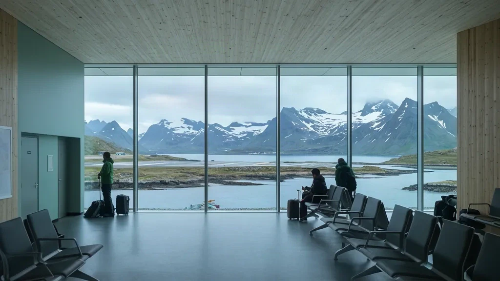 Interno del terminal dell'Aeroporto di Leknes nelle Lofoten, Norvegia, con ampie finestre che si affacciano sulle montagne costiere e viaggiatori in attesa.
