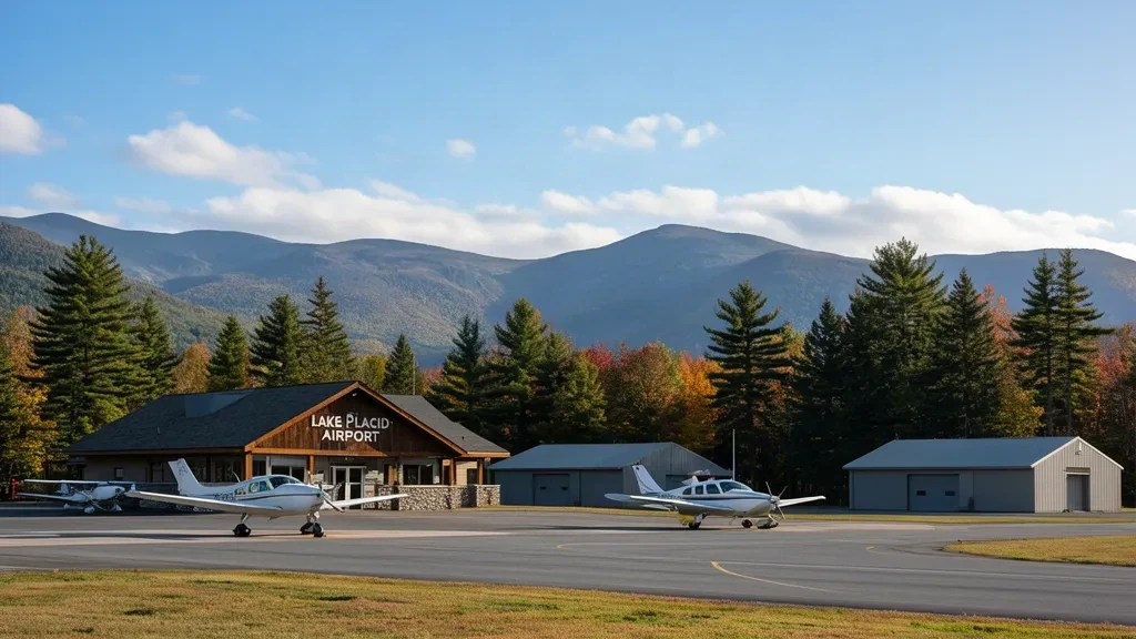 Kleines Terminal und abgestellte Flugzeuge am Flughafen Lake Placid in den Adirondack Mountains an einem klaren Herbsttag