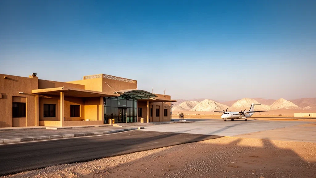 Desert terminal, apron and drop-off lane at Lekhwair Airport in northern Oman in warm late-afternoon light