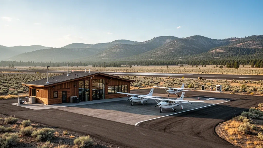 Piccolo terminal rurale e piazzale per aerei leggeri all'Aeroporto di Lake County a Lakeview, Oregon, con montagne dell'alto deserto all'ora d'oro