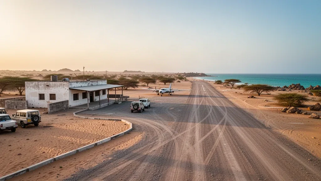 Piste en gravier et petit terminal blanchi à la chaux à l'aéroport de Las Khorey sur la côte aride du golfe d'Aden en Somalie à l'heure dorée