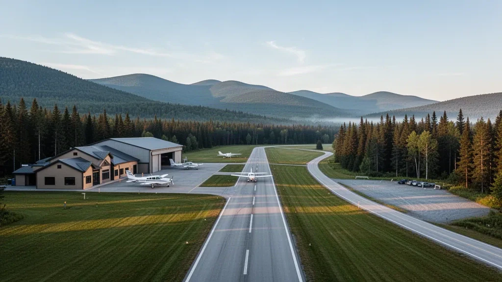Petit aéroport d'aviation générale près de Lake Placid avec une piste pavée, des hangars et les montagnes boisées des Adirondacks en arrière-plan