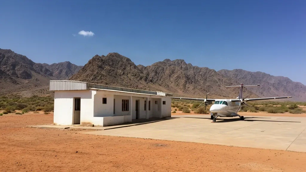 Somaliland'da Las Khorey Havalimanı terminalinin dış görünümü, kurak manzara ve apronda küçük uçak.