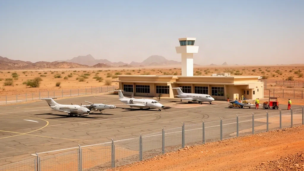 Small desert terminal building and apron at Lekhwair Airport (LKW) in Oman under bright hazy midday sunlight