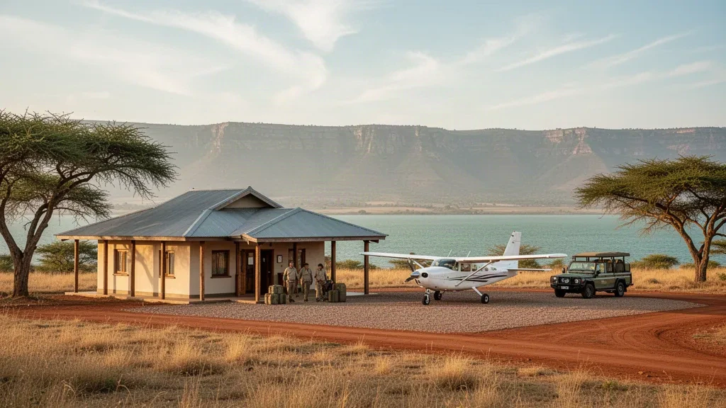 Safari-Pisten-Terminal und Buschflugzeug am Flughafen Manyara-See in Tansania unterhalb des Ostafrikanischen Grabens zur goldenen Stunde