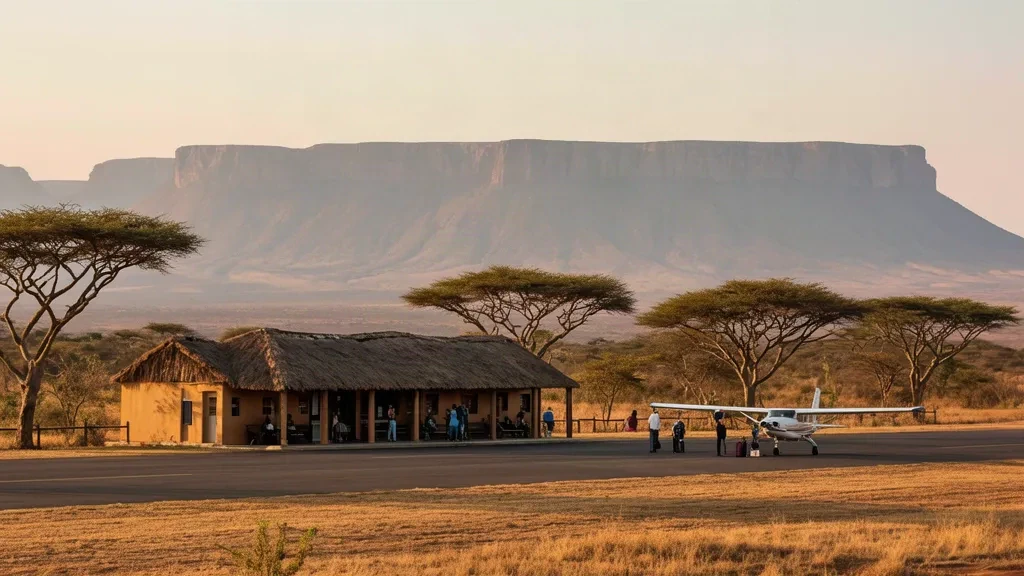 Pequeña terminal rústica y pista de aterrizaje en el Aeropuerto de Lake Manyara en Tanzania, rodeada de acacias y el escarpe del Valle del Rift.