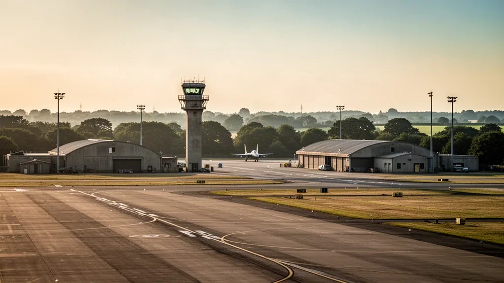 Vue panoramique à l'heure dorée de l'aérodrome de RAF Lakenheath dans le Suffolk, montrant sa piste en béton, ses hangars et sa tour de contrôle au milieu de terres agricoles ouvertes.