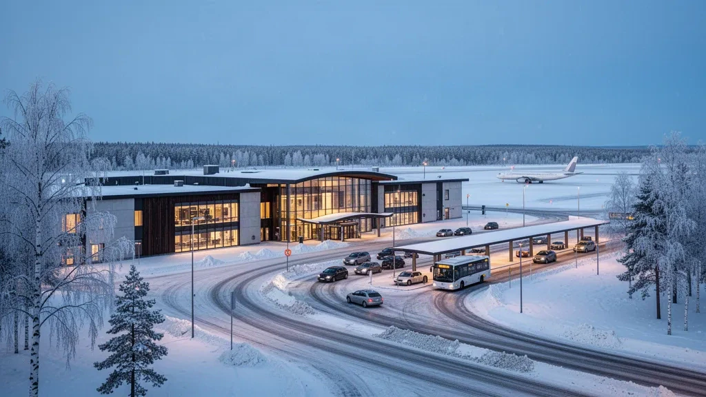 Esterno innevato del terminal dell'Aeroporto di Luleå in Svezia al crepuscolo invernale, con veicoli nell'area di sosta e un aereo sulla piazzola