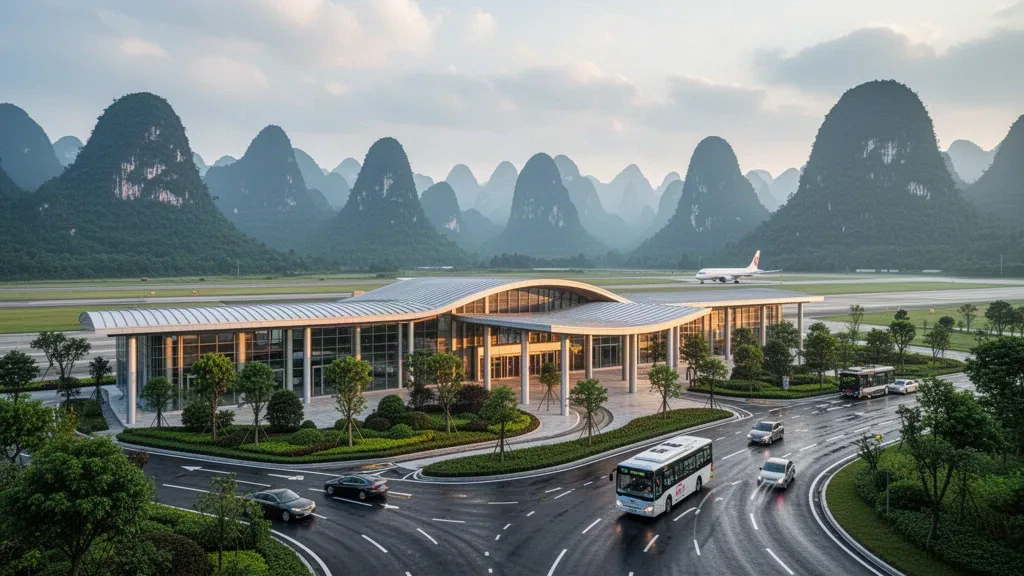 Terminal moderna de cristal y carretera de acceso curva en el Aeropuerto de Libo, en Guizhou, rodeada de verdes colinas kársticas bajo la cálida luz del atardecer