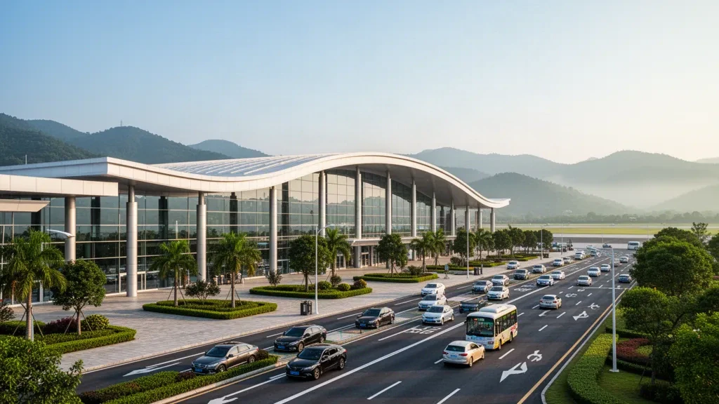 Extérieur d'un terminal moderne et voie de dépose à l'aéroport de Yongzhou Lingling, avec des collines verdoyantes et une douce lumière matinale.