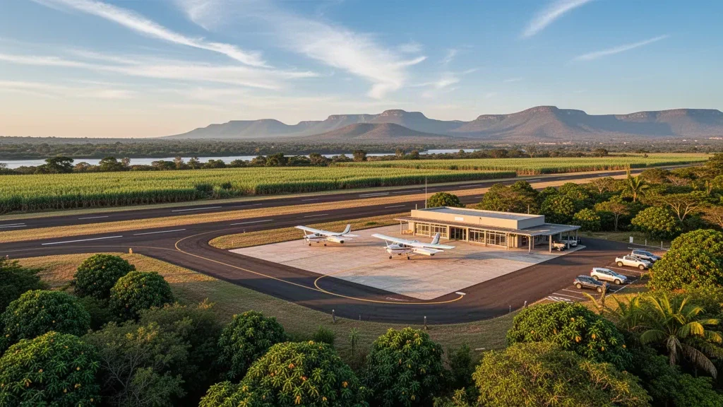 Petite aire de trafic d'un aérodrome régional, avion léger et piste à l'aéroport de Malelane dans le Mpumalanga, en Afrique du Sud, entourés de brousse du Lowveld et de montagnes lointaines.