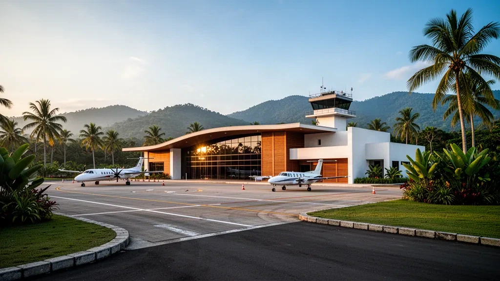 Sunlit tropical terminal exterior at La Lima Reginaldo Hammer Airport in Honduras with palm trees and a quiet apron