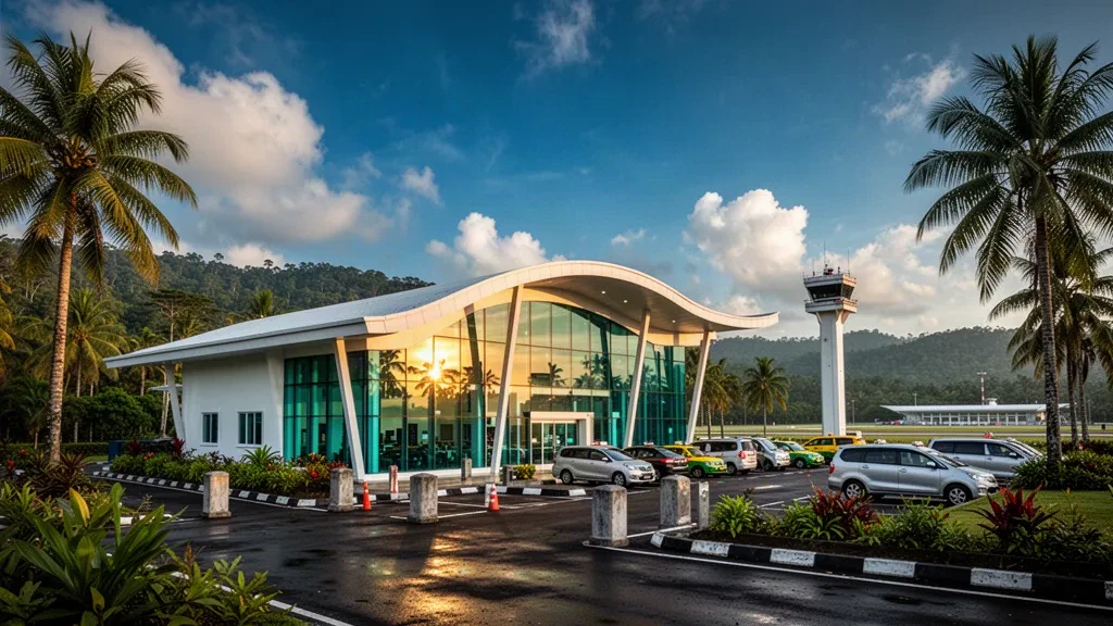 Extérieur moderne du terminal de l'aéroport de Silampari à Lubuklinggau, dans le sud de Sumatra, avec des palmiers et une voie de dépose à l'heure dorée.