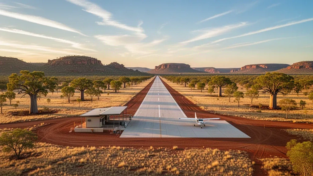 Remote outback runway at Lissadell Airport in tropical northern Australia, golden-hour savanna, red earth and eucalyptus landscape