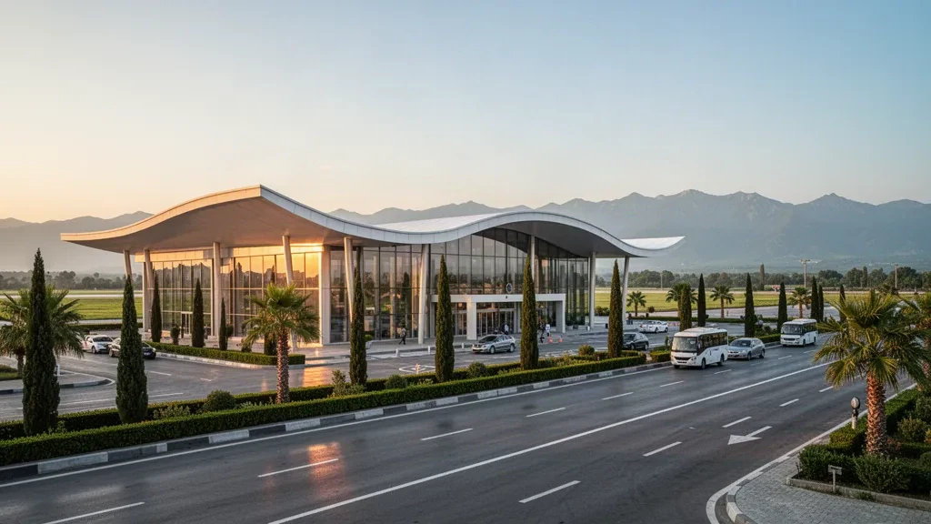 Façade moderne en verre du terminal de l'aéroport international de Lankaran à l'heure dorée, avec routes d'accès bordées de palmiers et montagnes Talysh au loin