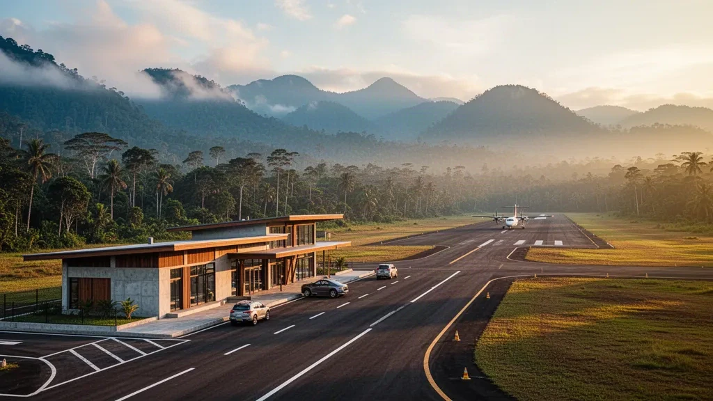 Kelila Airport in Papua's highlands, with a small terminal, drop-off lane and runway framed by misty green mountains at golden hour.