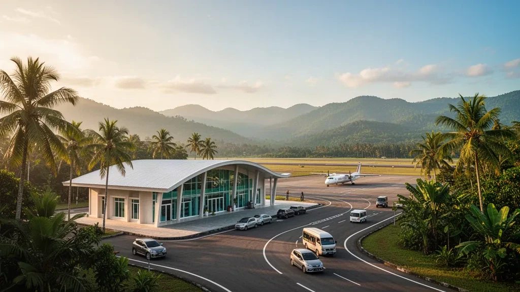 Modern terminal and tropical mountain backdrop at Palopo Lagaligo Airport in South Sulawesi, Indonesia, under warm late-afternoon light