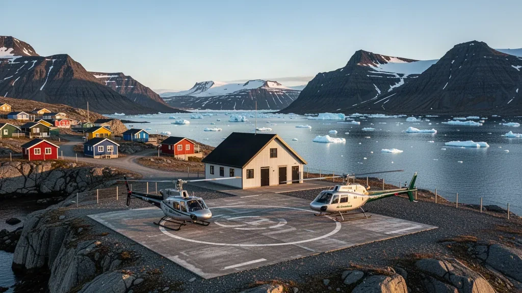Coastal heliport at Alluitsup Paa in South Greenland with a small helicopter, rocky fjord cliffs and colourful settlement houses