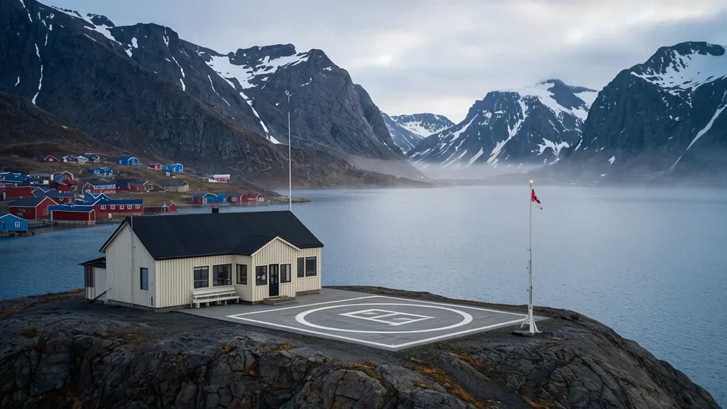 Small heliport terminal and landing pad beside the fjord in Alluitsup Paa, Greenland, below snow-streaked arctic mountains
