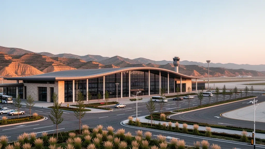 Moderno terminal esterno in vetro dell'Aeroporto di Lüliang Dawu con corsie di sbarco, taxi e colline dello Shanxi all'ora d'oro