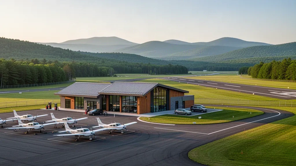 Lyndonville, Vermont'taki Caledonia County Havalimanı'nda yeşil tepelerle çevrili küçük kırsal genel havacılık terminali, apron ve pist.