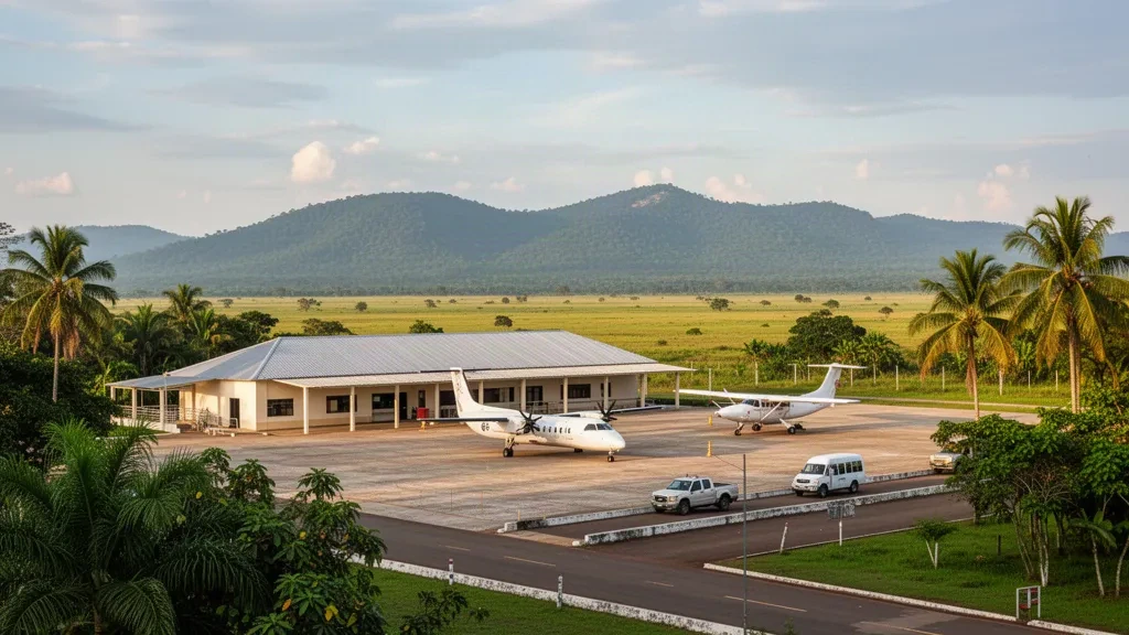 Flaches regionales Terminal und Vorfeld am Flughafen La Macarena in Meta, Kolumbien, im Hintergrund die grünen tropischen Hügel der Serranía de la Macarena