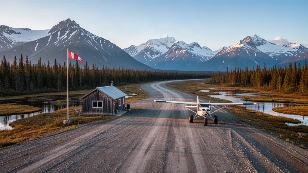 Pista remota de grava en el Aeropuerto de Minchumina en Alaska, rodeada de bosque de abetos y montañas lejanas durante la hora dorada