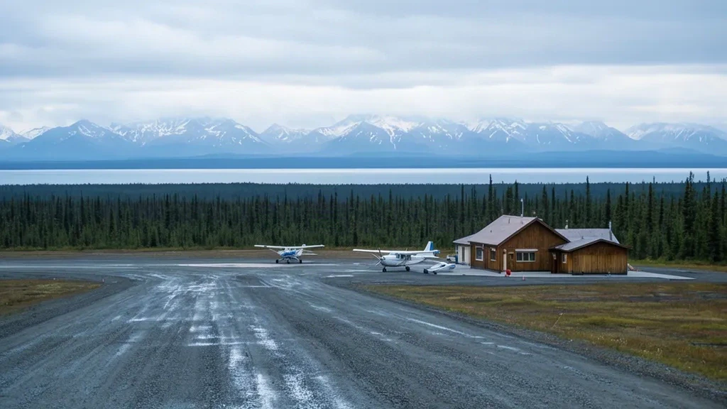 Vista exterior del Aeropuerto de Minchumina LMA en Alaska, con una pequeña pista de grava, un edificio terminal de madera y montañas lejanas bajo cielos nublados.