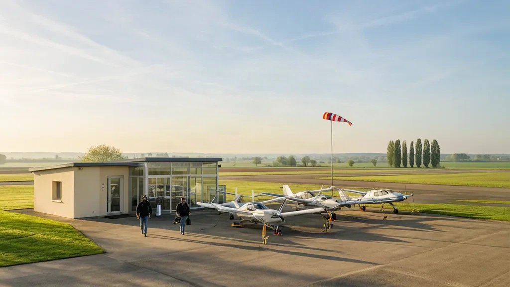 Bescheidenes verglastes Terminalgebäude und geparkte Leichtflugzeuge auf dem Vorfeld des Flughafens Le Mans-Arnage in Frankreich