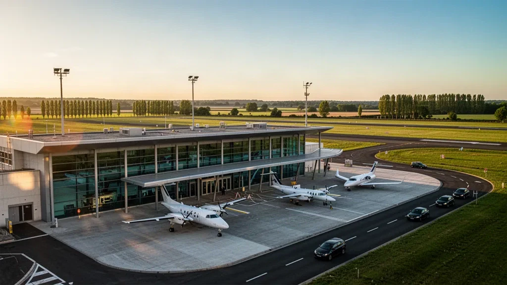 Fransa'daki Le Mans-Arnage Havalimanı'nda modern cam terminal ve apron, sıcak altın saat ışığı altında hafif uçaklar ve erişim yolları