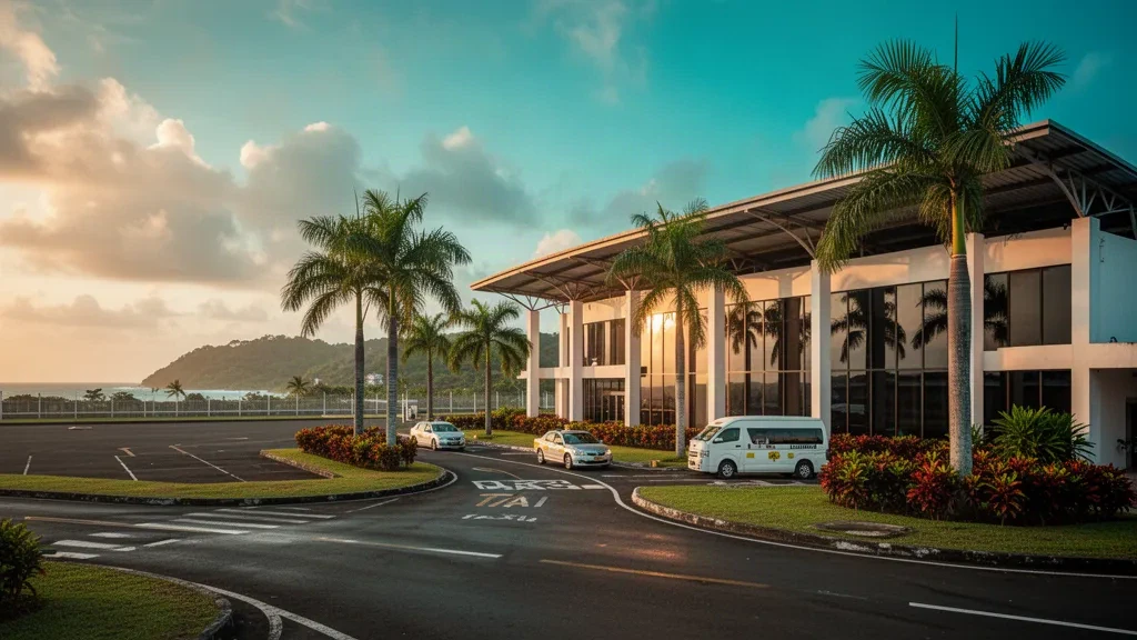 Terminal moderne de l'aéroport de Limón avec auvent courbé, palmiers et navettes dans une lumière dorée chaleureuse des Caraïbes